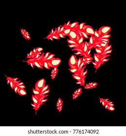 Feather Pattern, bright colorful background, cute and fun decoration. Black background. Vector illustration for celebration, party, carnival, festive holiday and Your project.