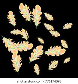 Feather Pattern, bright colorful background, cute and fun decoration. Black background. Vector illustration for celebration, party, carnival, festive holiday and Your project.