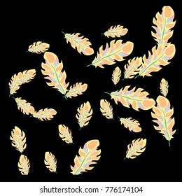 Feather Pattern, bright colorful background, cute and fun decoration. Black background. Vector illustration for celebration, party, carnival, festive holiday and Your project.