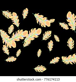 Feather Pattern, bright colorful background, cute and fun decoration. Black background. Vector illustration for celebration, party, carnival, festive holiday and Your project.