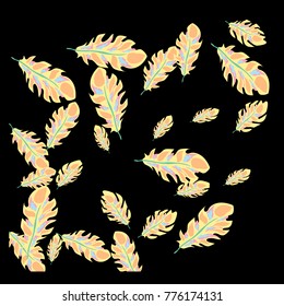 Feather Pattern, bright colorful background, cute and fun decoration. Black background. Vector illustration for celebration, party, carnival, festive holiday and Your project.