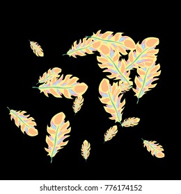 Feather Pattern, bright colorful background, cute and fun decoration. Black background. Vector illustration for celebration, party, carnival, festive holiday and Your project.