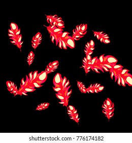 Feather Pattern, bright colorful background, cute and fun decoration. Black background. Vector illustration for celebration, party, carnival, festive holiday and Your project.