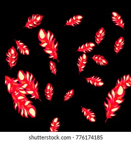 Feather Pattern, bright colorful background, cute and fun decoration. Black background. Vector illustration for celebration, party, carnival, festive holiday and Your project.