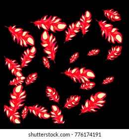 Feather Pattern, bright colorful background, cute and fun decoration. Black background. Vector illustration for celebration, party, carnival, festive holiday and Your project.