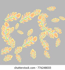 Feather Pattern, bright colorful background, cute and fun decoration. Gentle grey background. Vector illustration for celebration, party, carnival, festive holiday and Your project.