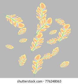 Feather Pattern, bright colorful background, cute and fun decoration. Gentle grey background. Vector illustration for celebration, party, carnival, festive holiday and Your project.