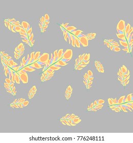Feather Pattern, bright colorful background, cute and fun decoration. Gentle grey background. Vector illustration for celebration, party, carnival, festive holiday and Your project.