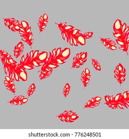 Feather Pattern, bright colorful background, cute and fun decoration. Gentle grey background. Vector illustration for celebration, party, carnival, festive holiday and Your project.