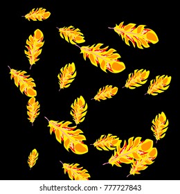 Feather Pattern, bright colorful background, cute and fun decoration. Black background. Vector illustration for celebration, party, carnival, festive holiday and Your project.