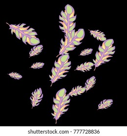 Feather Pattern, bright colorful background, cute and fun decoration. Black background. Vector illustration for celebration, party, carnival, festive holiday and Your project.