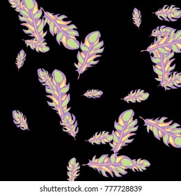 Feather Pattern, bright colorful background, cute and fun decoration. Black background. Vector illustration for celebration, party, carnival, festive holiday and Your project.