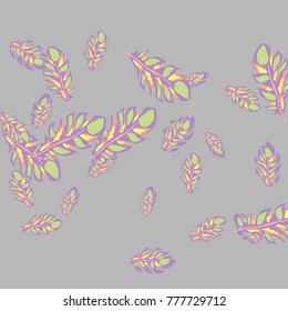 Feather Pattern, bright colorful background, cute and fun decoration. Gentle grey background. Vector illustration for celebration, party, carnival, festive holiday and Your project.