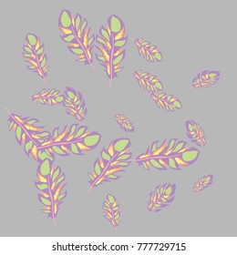 Feather Pattern, bright colorful background, cute and fun decoration. Gentle grey background. Vector illustration for celebration, party, carnival, festive holiday and Your project.