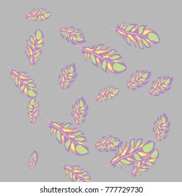 Feather Pattern, bright colorful background, cute and fun decoration. Gentle grey background. Vector illustration for celebration, party, carnival, festive holiday and Your project.