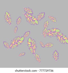 Feather Pattern, bright colorful background, cute and fun decoration. Gentle grey background. Vector illustration for celebration, party, carnival, festive holiday and Your project.