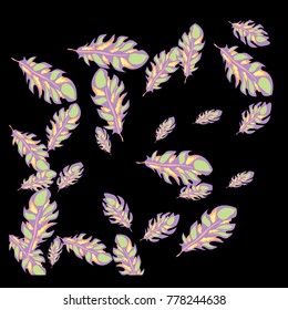 Feather Pattern, bright colorful background, cute and fun decoration. Black background. Vector illustration for celebration, party, carnival, festive holiday and Your project.