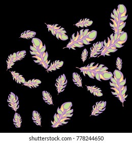 Feather Pattern, bright colorful background, cute and fun decoration. Black background. Vector illustration for celebration, party, carnival, festive holiday and Your project.