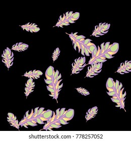 Feather Pattern, bright colorful background, cute and fun decoration. Black background. Vector illustration for celebration, party, carnival, festive holiday and Your project.