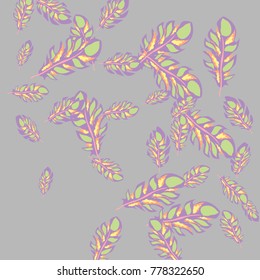 Feather Pattern, bright colorful background, cute and fun decoration. Gentle grey background. Vector illustration for celebration, party, carnival, festive holiday and Your project.