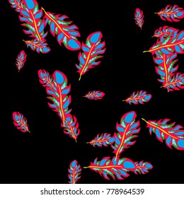Feather Pattern, bright colorful background, cute and fun decoration. Black background. Vector illustration for celebration, party, carnival, festive holiday and Your project.