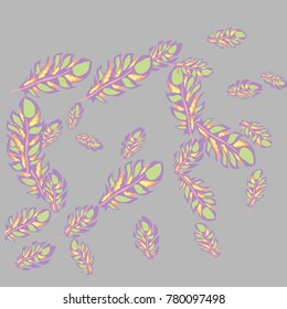 Feather Pattern, bright colorful background, cute and fun decoration. Gentle grey background. Vector illustration for celebration, party, carnival, festive holiday and Your project.