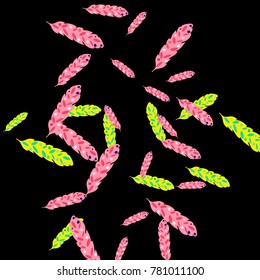 Feather Pattern, bright colorful background, cute and fun decoration. Black background. Vector illustration for celebration, party, carnival, festive holiday and Your project.