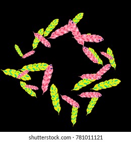 Feather Pattern, bright colorful background, cute and fun decoration. Black background. Vector illustration for celebration, party, carnival, festive holiday and Your project.