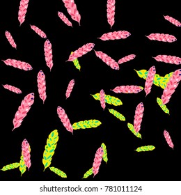 Feather Pattern, bright colorful background, cute and fun decoration. Black background. Vector illustration for celebration, party, carnival, festive holiday and Your project.