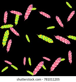 Feather Pattern, bright colorful background, cute and fun decoration. Black background. Vector illustration for celebration, party, carnival, festive holiday and Your project.