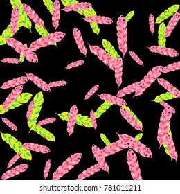 Feather Pattern, bright colorful background, cute and fun decoration. Black background. Vector illustration for celebration, party, carnival, festive holiday and Your project.