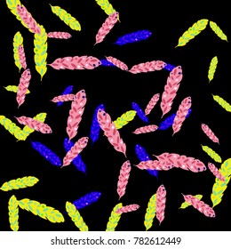 Feather Pattern, bright colorful background, cute and fun decoration. Black background. Vector illustration for celebration, party, carnival, festive holiday and Your project.