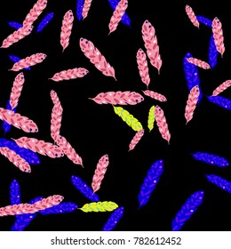 Feather Pattern, bright colorful background, cute and fun decoration. Black background. Vector illustration for celebration, party, carnival, festive holiday and Your project.