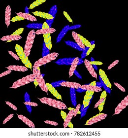 Feather Pattern, bright colorful background, cute and fun decoration. Black background. Vector illustration for celebration, party, carnival, festive holiday and Your project.