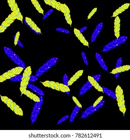 Feather Pattern, bright colorful background, cute and fun decoration. Black background. Vector illustration for celebration, party, carnival, festive holiday and Your project.