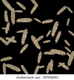 Feather Pattern, bright colorful background, cute and fun decoration. Black background. Vector illustration for celebration, party, carnival, festive holiday and Your project.