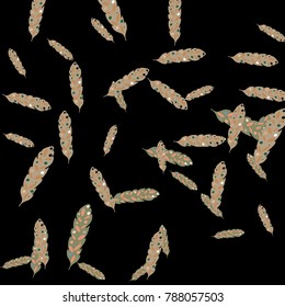 Feather Pattern, bright colorful background, cute and fun decoration. Black background. Vector illustration for celebration, party, carnival, festive holiday and Your project.