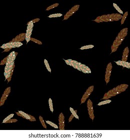 Feather Pattern, bright colorful background, cute and fun decoration. Black background. Vector illustration for celebration, party, carnival, festive holiday and Your project.