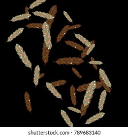 Feather Pattern, bright colorful background, cute and fun decoration. Black background. Vector illustration for celebration, party, carnival, festive holiday and Your project.