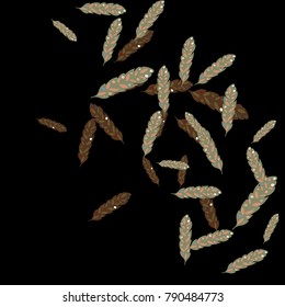 Feather Pattern, bright colorful background, cute and fun decoration. Black background. Vector illustration for celebration, party, carnival, festive holiday and Your project.