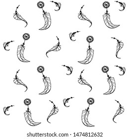 feather pattern curve boho jewelry seamless ornament , leaf feathers shape , black isolated on white , hand drawn vector illustration wallpaper background for print textile 