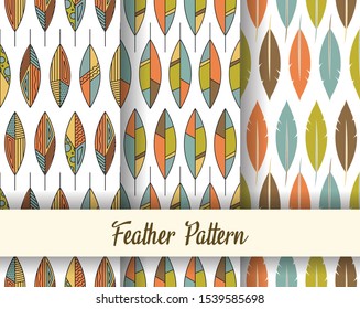 Feather pattern for decoration. Set of three feather patterns. Wallpaper with feathers in different shapes. Colorful boho feather bird wing pattern background. Texture of simple feathers - Vector