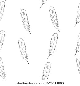 Feather pattern falling background. Hand drawn vector seamless print.