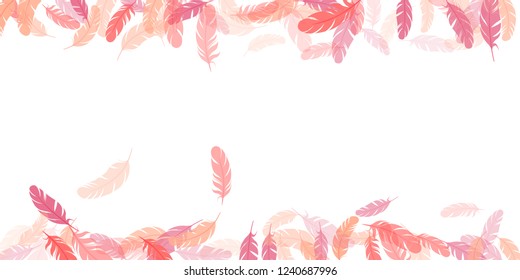 Feather pattern frame cool minimalist border background. Print with pink plumelet. Editable backdrop with flying elements and place for text. Feather design, card template.
