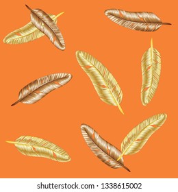 Feather pattern in golden and copper colour on orange background, Hand drawn of Bird or duck feather pattern for fabric, textile and wall paper