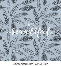 Feather pattern with lettering vector print design.