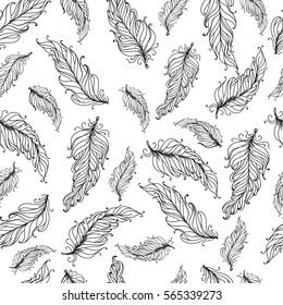Feather Pattern. Seamless classical texture with elegant hand painted feathers