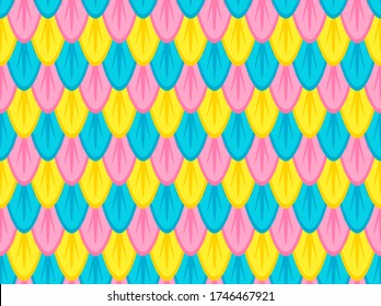 Feather pattern. Seamless decorative ornament of vector illustration. Art backdrop for wildlife bird animal design. Realistic tail wing texture. Bright pastel colours. Pale rainbow parrot. Pretty chic