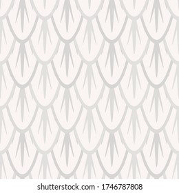Feather pattern. Seamless decorative ornament of vector illustration. Art backdrop for wildlife bird animal design. Realistic tail wing texture. Soft white grey colors. Delicate pale swan style