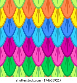 Feather pattern. Seamless decorative ornament of vector illustration. Art backdrop for wildlife bird animal design. Realistic tail wing texture. Colourful bright rainbow color. Vibrant background.